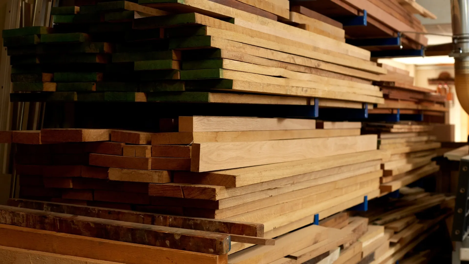 Gestapeld massief hout in de werkplaats van De Houtkrul